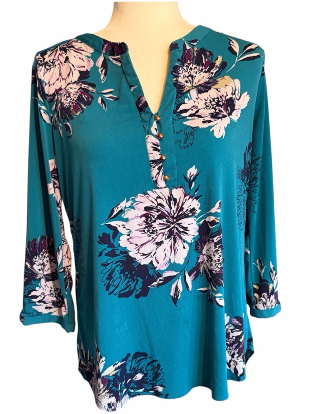 croft & barrow Teal Floral V-Neck Button Tunic